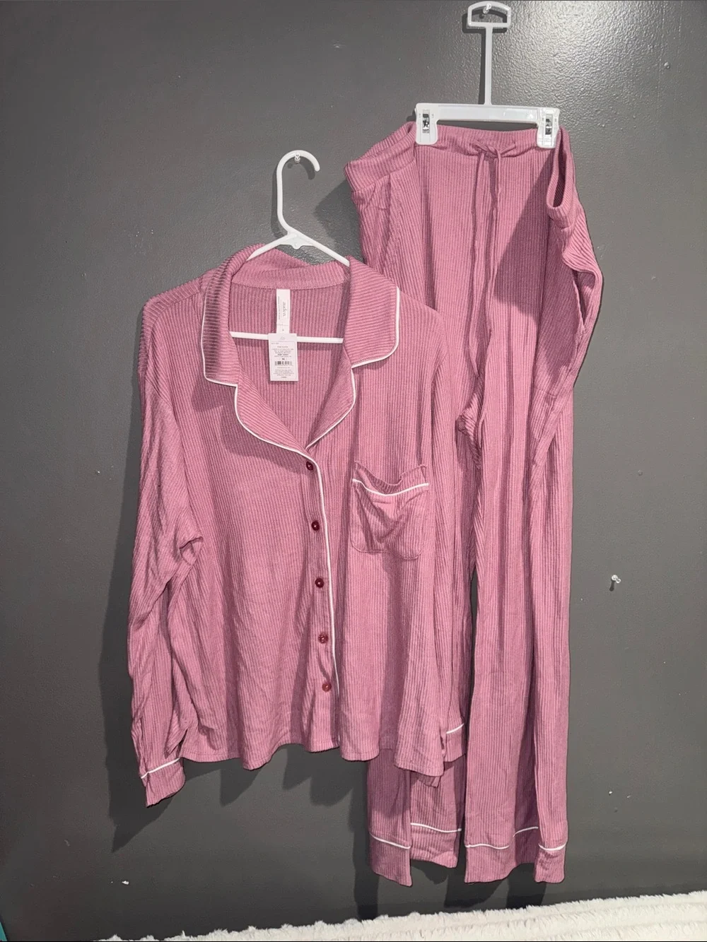 Auden Rose Pink Waffle Knit Pajama Set with White Piping